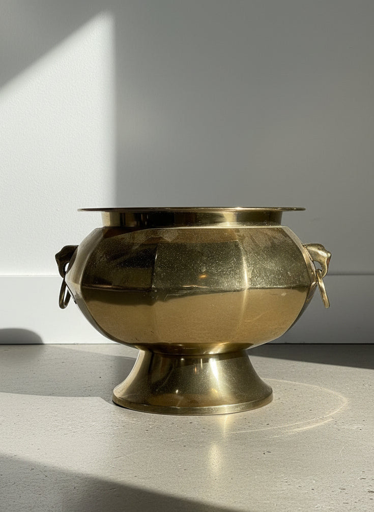 Large Vintage Brass Footed Jardinière with Stylized Ring Handles and Flared Rim