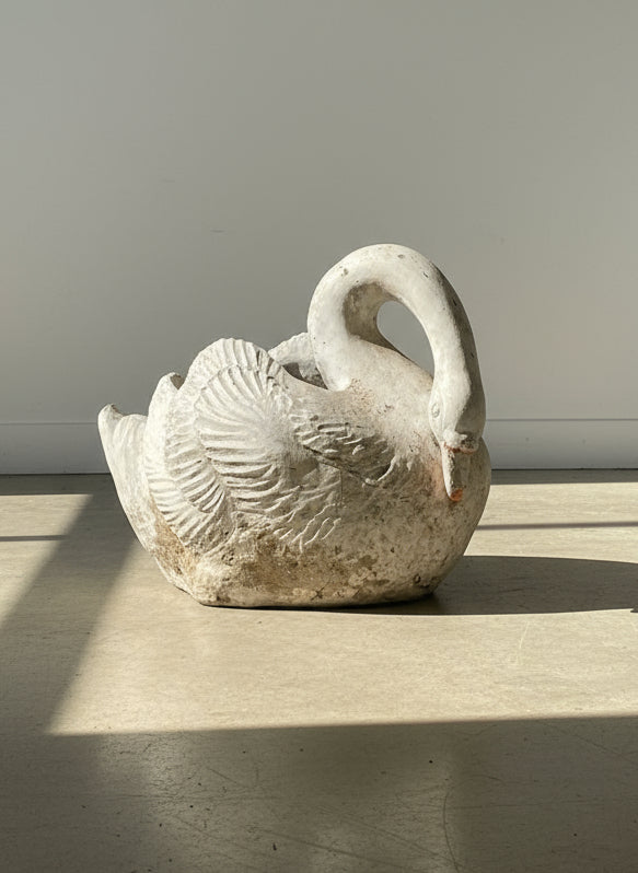 Large Vintage Concrete Swan Garden Planter with Aged White Patina