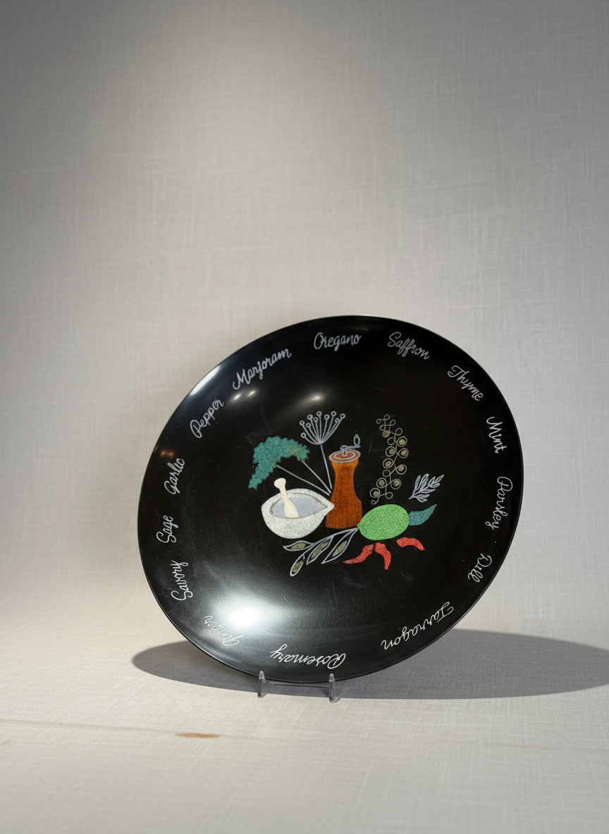 Vintage Couroc of Monterey Black Resin Serving Platter with Herb Motif & Inlaid Culinary Design