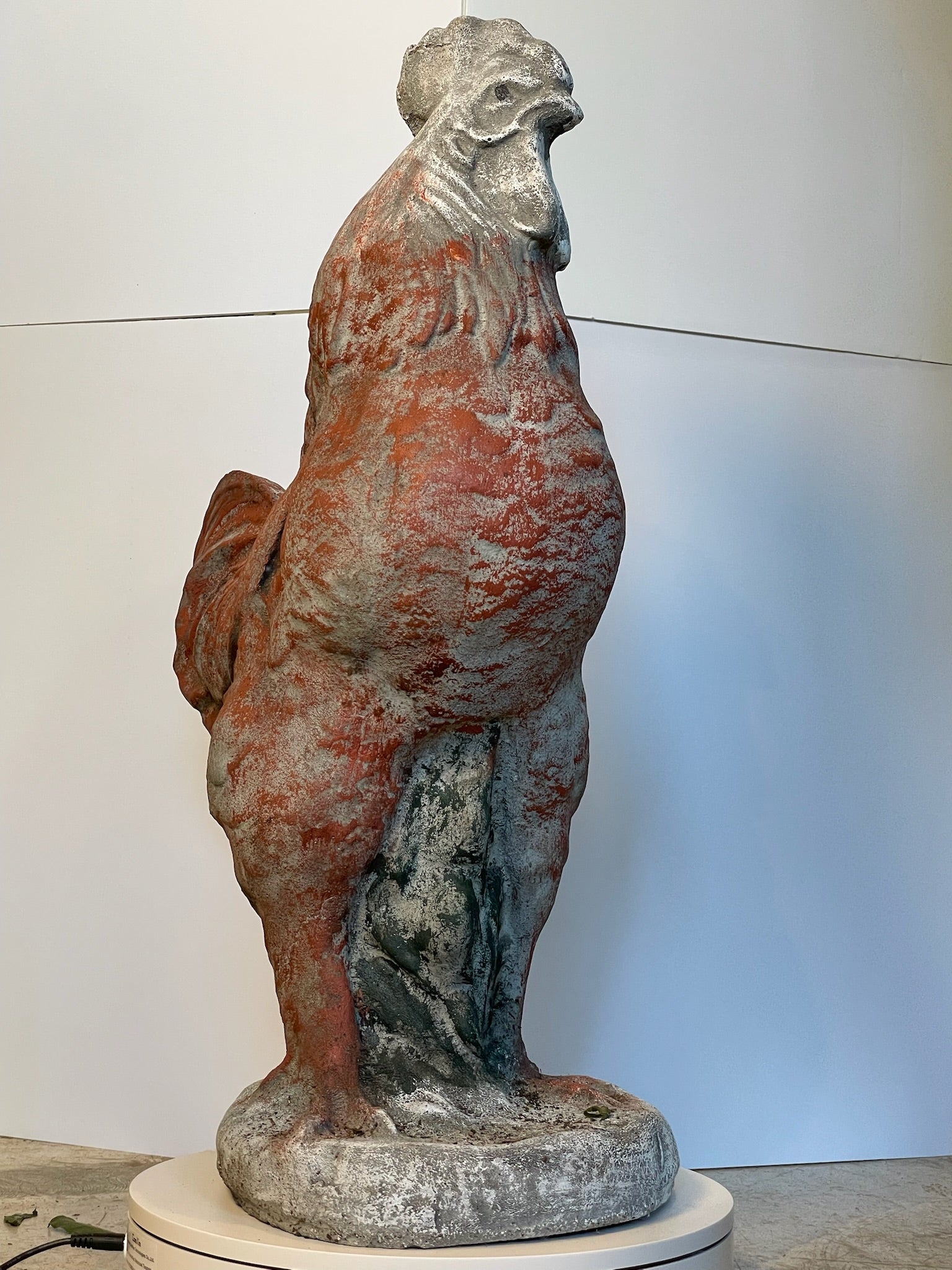 Large Vintage French Concrete Rooster Garden Sculpture with Aged Patina