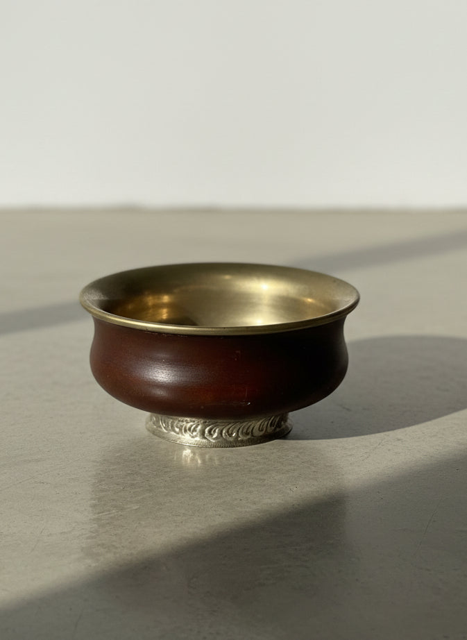 Late 20th Century Tibetan / Himalayan Wood & Silver-Lined Libation Bowl with Embossed Silver Base