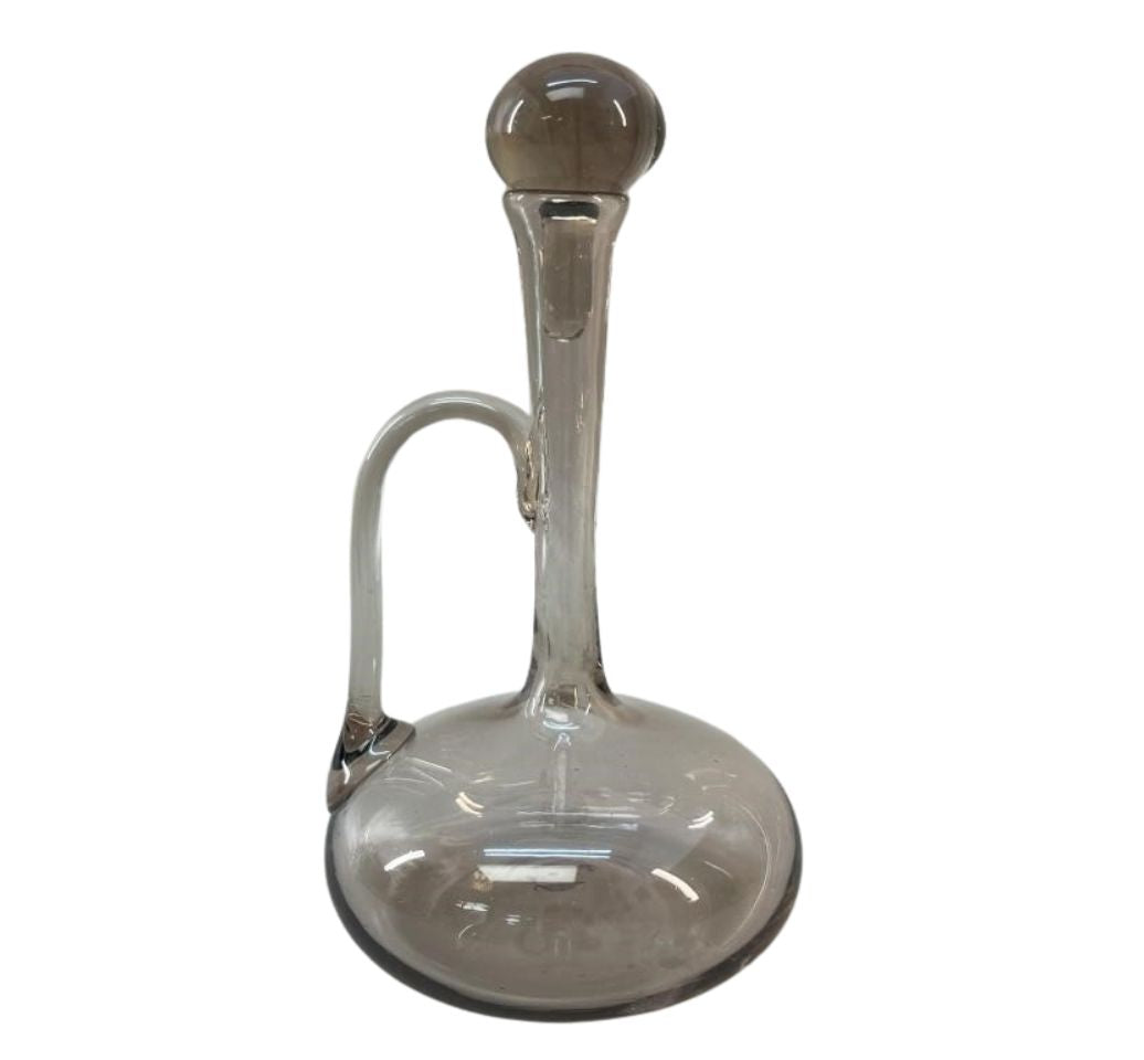 Mid-Century French Hand-Blown Smoke Glass Wine Decanter with Sculptural Handle