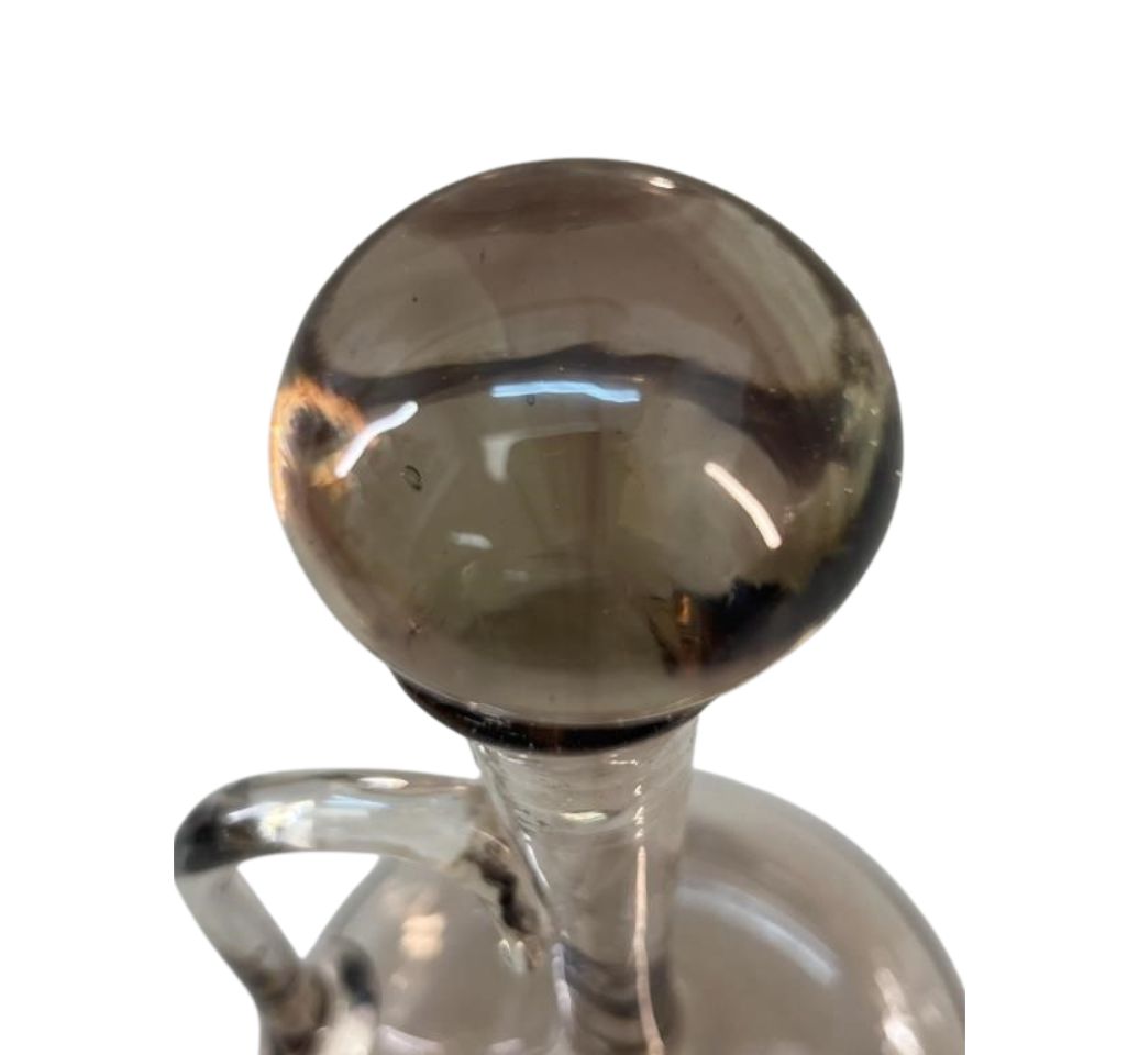 Mid-Century French Hand-Blown Smoke Glass Wine Decanter with Sculptural Handle
