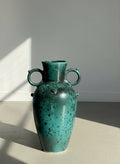 Mid-Century Blue and Black Speckled Glazed Terracotta Urn with Double Ring Handles