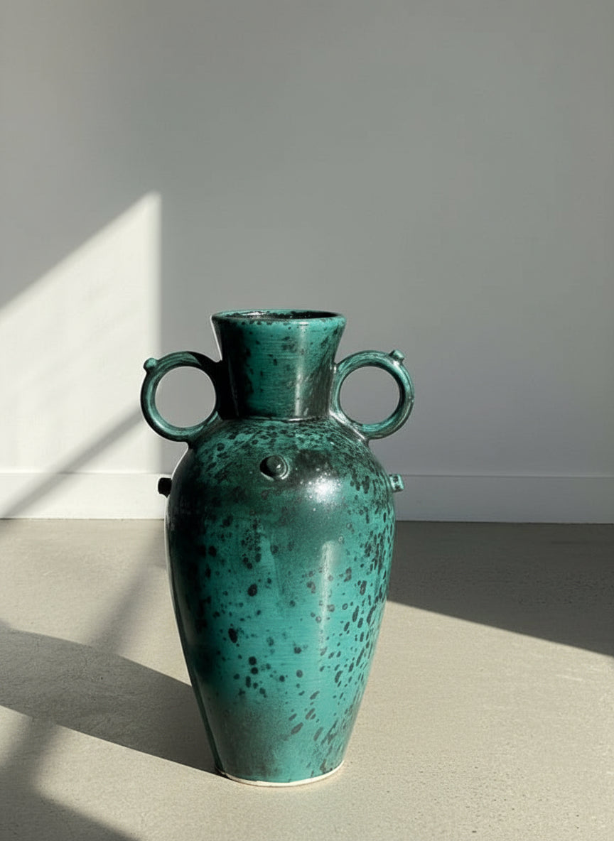 Mid-Century Blue and Black Speckled Glazed Terracotta Urn with Double Ring Handles