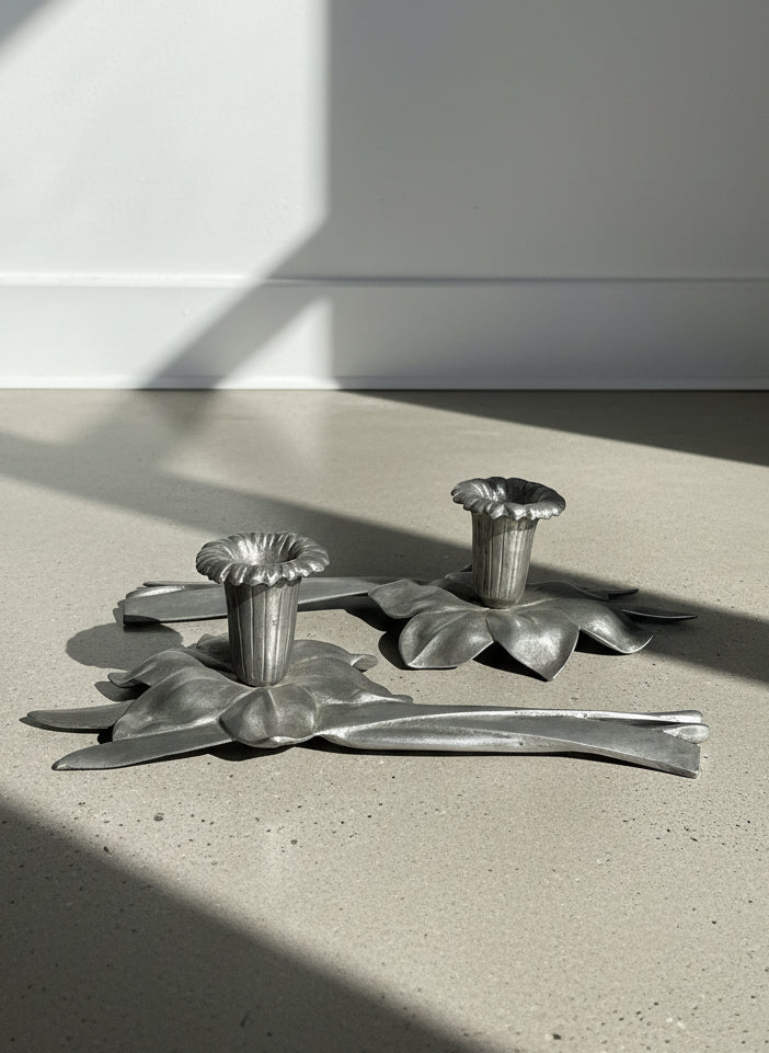 Mid-Century Bruce Fox Pewter Daffodil Candle Holders - Set of 2