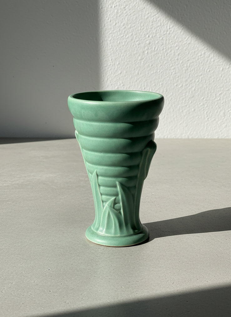 Brush McCoy Mid-Century Modern Green Matte Ribbed Ceramic Vase with Leaf Relief
