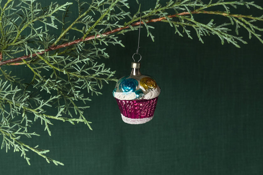 Mid-Century Hand-Blown Cupcake-Form Glass Ornament with Polychrome Topping, c. 1950–1970
