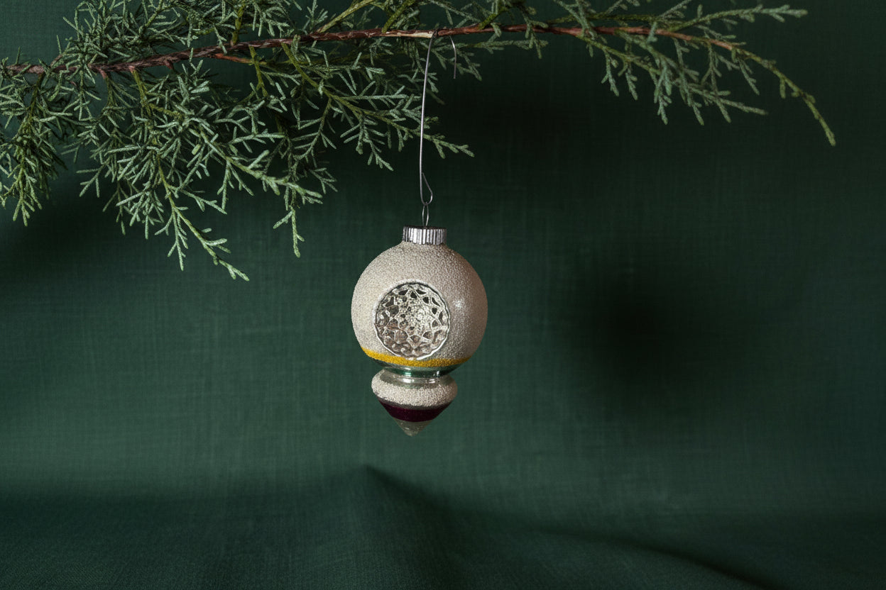 Mid-Century Hand-Blown Flocked Shiny Brite Mica Indent Teardrop Ornament