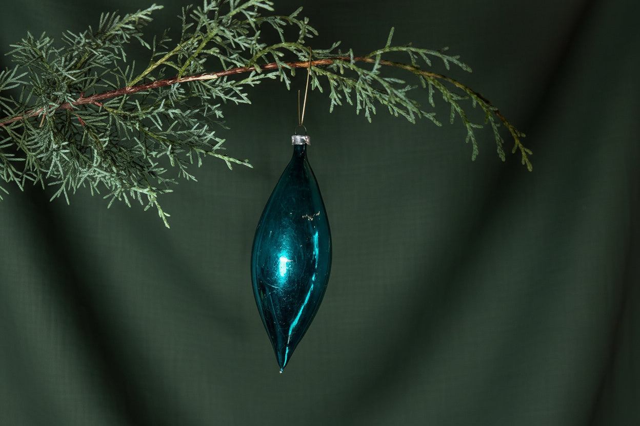 Mid-Century Hand-Blown Teardrop Glass Ornament in Deep Teal with Mercury Silvering, c. 1940–1960