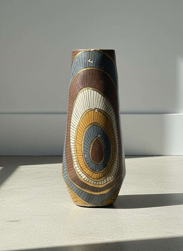 Mid-Century Hand-Painted African-Style Carved Wooden Vase with Geometric Tribal Motifs