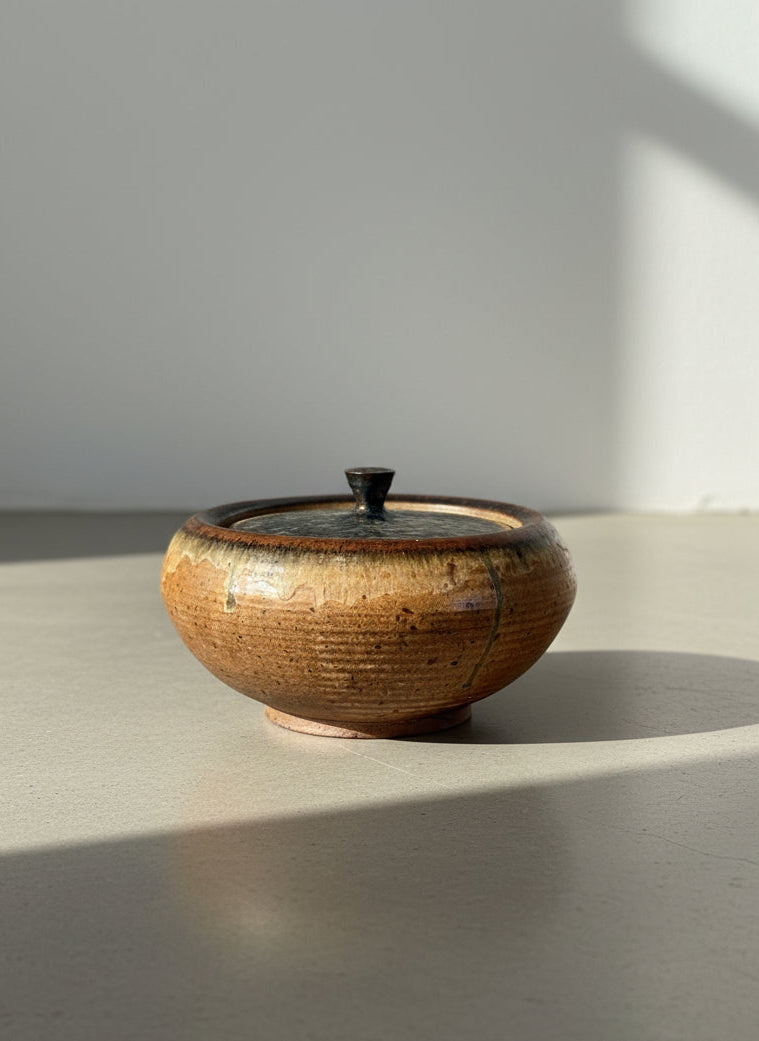 Mid-Century Hand-Thrown Studio Pottery Lidded Vessel with Drip Glaze and Sculptural Lid