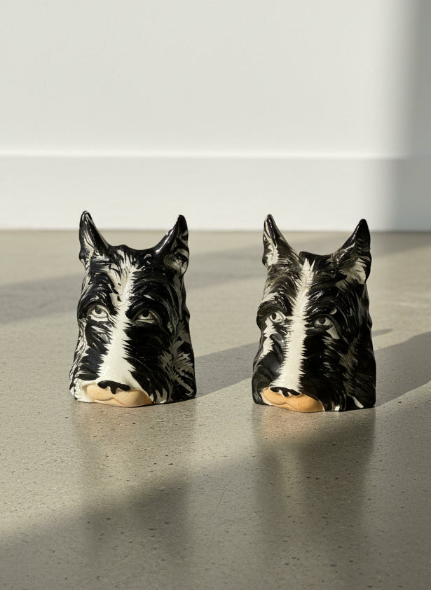 Mid-Century Japanese Scottie Dog Ceramic Wall Pocket Pair – Hand-Painted Figural Canine Décor