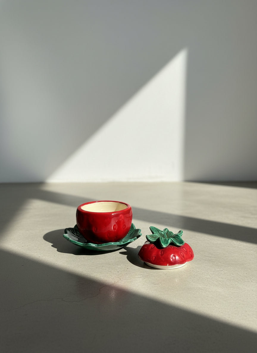 Mid-Century Japanese Strawberry Ceramic Bowl with Lid and Leaf Saucer – Hand-Painted Vintage Fruitware