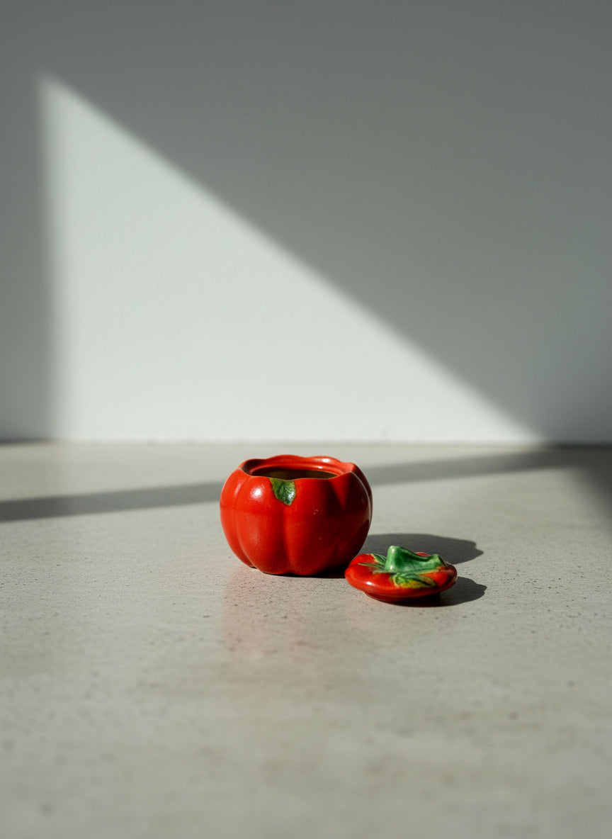 Mid-Century Japanese Tomato Ceramic Sugar Bowl with Lid – Hand-Painted Red Pottery Fruitware Jar