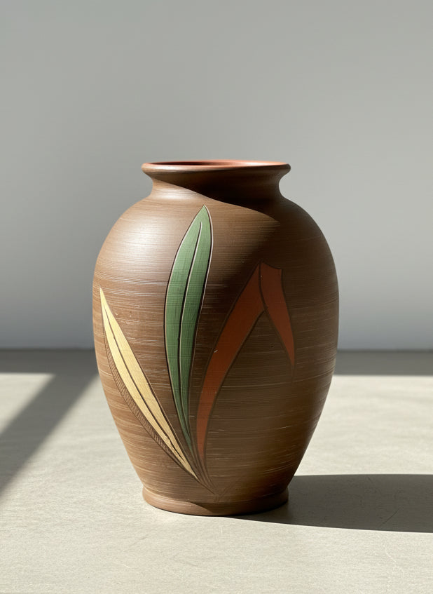 Mid-Century Küle Keramik West German Terracotta Vase with Hand-Carved Leaf Motif