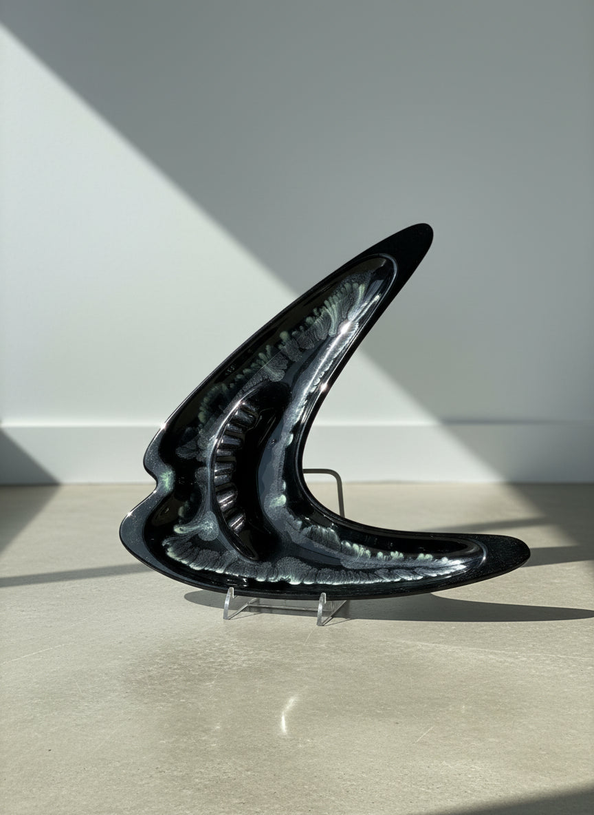 Mid-Century Modern Black Boomerang Ceramic Ashtray / Console Dish with Drip Glaze