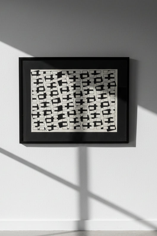 Mid-Century Modern Black and White Geometric Abstract Painting