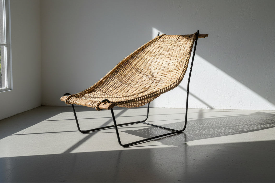Mid-Century Modern “Duyan” Lounge Chair by John Risley, Rattan, Iron & Wood, USA