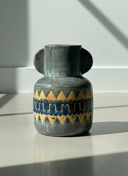 Mid-Century Modern Gray Glazed Terracota Floor Vase with Incised Geometric Band and Sculptural Side Handles
