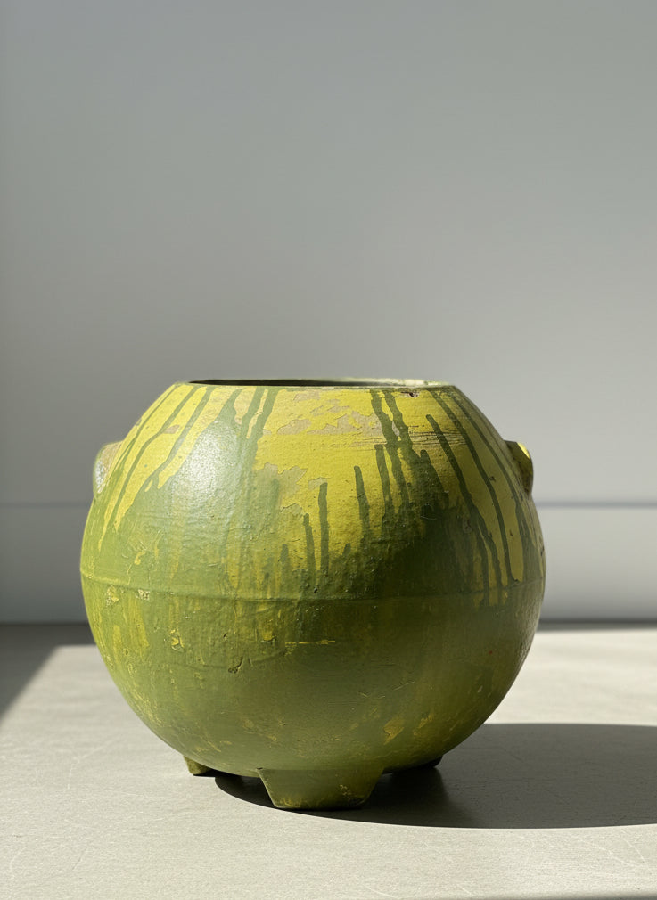 Mid-Century Modern Green and Yellow Drip-Glazed Ceramic Vase with Rounded Body and Tripod Feet