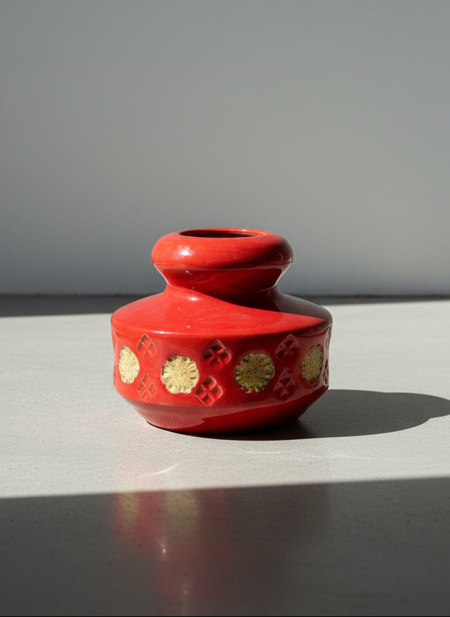 Mid-Century Modern Red Glazed Ceramic Vase with Embossed Gold Medallions