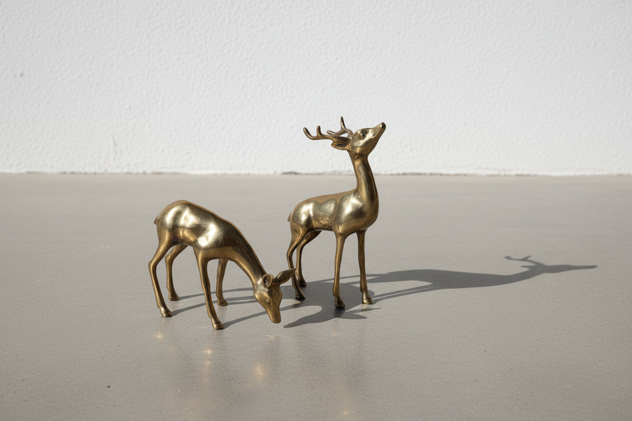 Exceptional Mid-Century Modern Solid Brass Deer Sculptures, Elegant Buck and Grazing Doe Figurines, Refined Modernist Animal Forms
