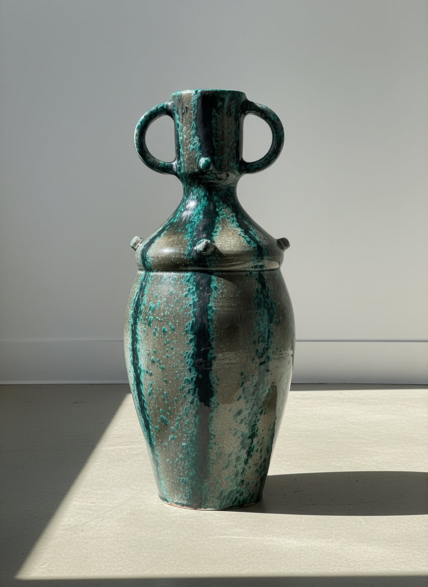 Mid-Century Modern Speckled Green and Black Glazed Terracotta Urn with Double Handles