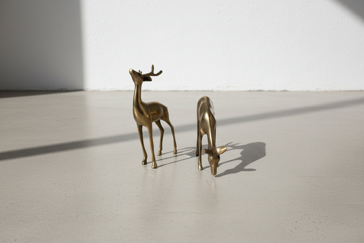 Elegant Mid-Century Solid Brass Deer Figurines, Sculptural Stag and Grazing Doe, Hollywood Regency Decorative Accent Set