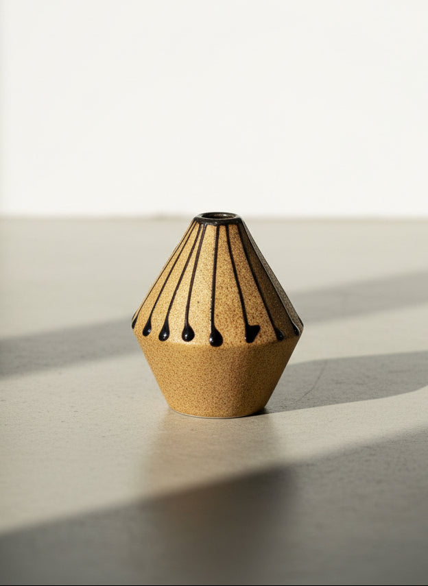 Geometric Mid-Century Studio Pottery Mini Vase with Hand-Applied Drip Glaze Design