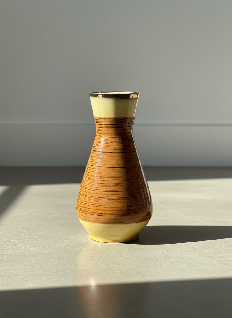 Mid-Century West German Scheurich 1218-25 Pottery Vase in Ochre and Caramel Horizontal Stripe Glaze
