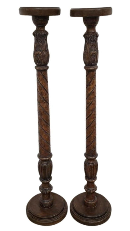 Pair of Antique Millstead Hand-Carved Wooden Plant Stands with Barley Twist Columns & Floral Motifs