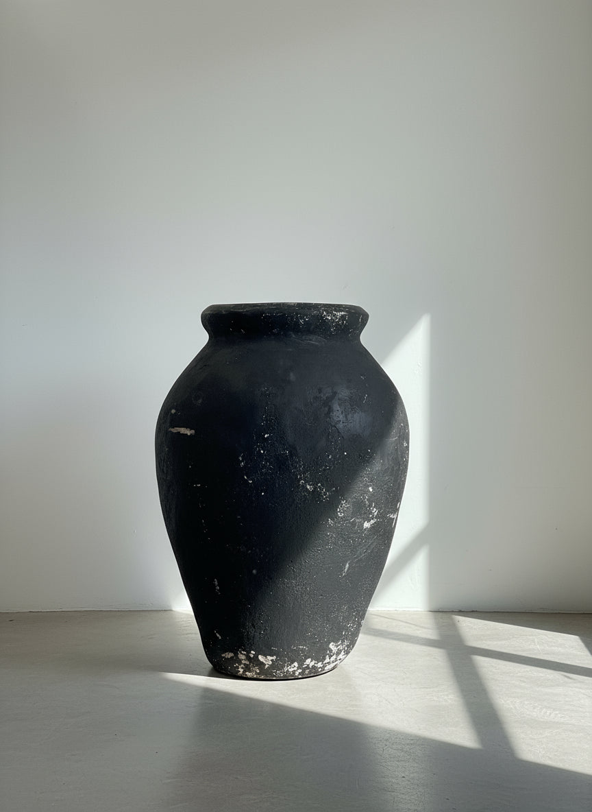 Monumental Aged Black Terracotta Storage Vessel with Weathered Matte Finish