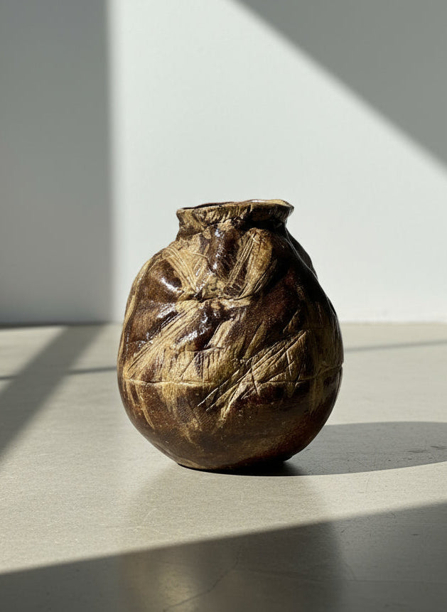 Monumental Handcrafted Studio Pottery Vessel with Earthy Abstract Glaze and Textured Carved Surface