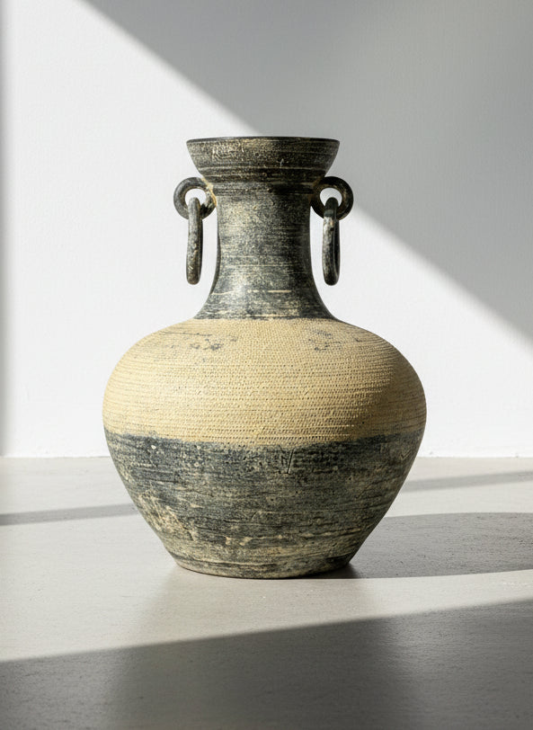 Monumental Textured Studio Pottery Amphora Vase with Sculptural Ring Handles - striking pottery with intricate textures - hommes + gardens estudio