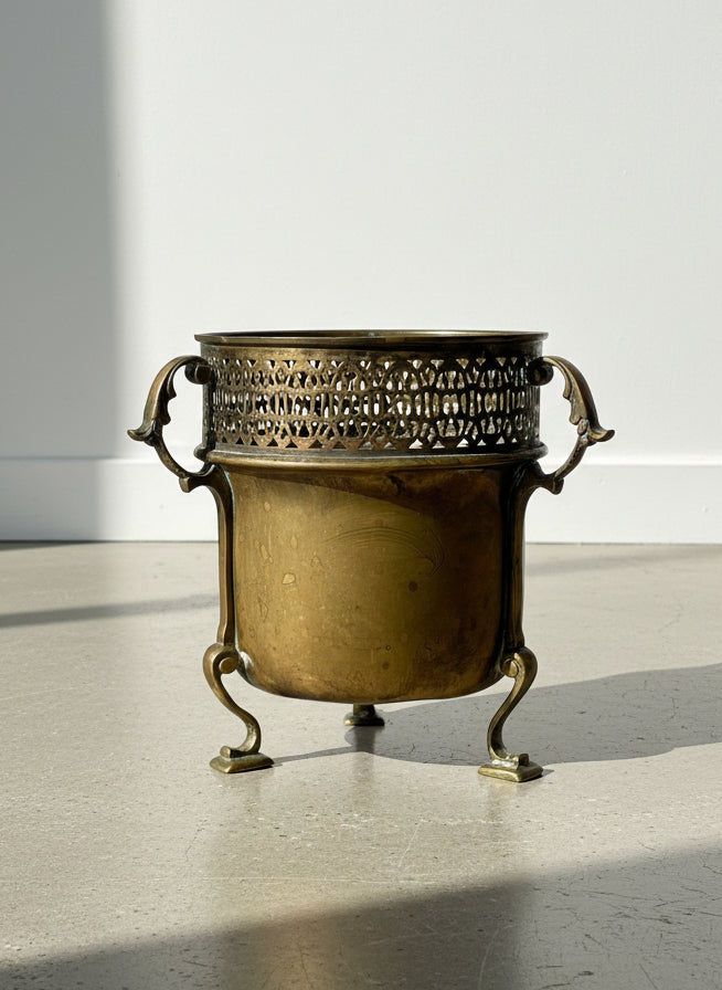 Ornate Antique Brass Jardinière with Pierced Gallery, Scrolled Handles, and Cabriole Feet