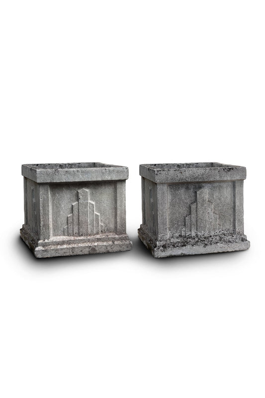 19" Art Deco Square Cement Planters (Set of 2)