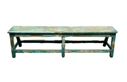 Antique Rustic Turquoise Hand-Painted Bench with Distressed Patina – Primitive Farmhouse Style