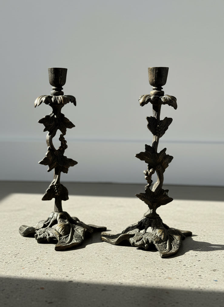 Pair of Antique Cast Bronze Grapevine Candlesticks – Ornate Nature-Inspired Design, 19th Century