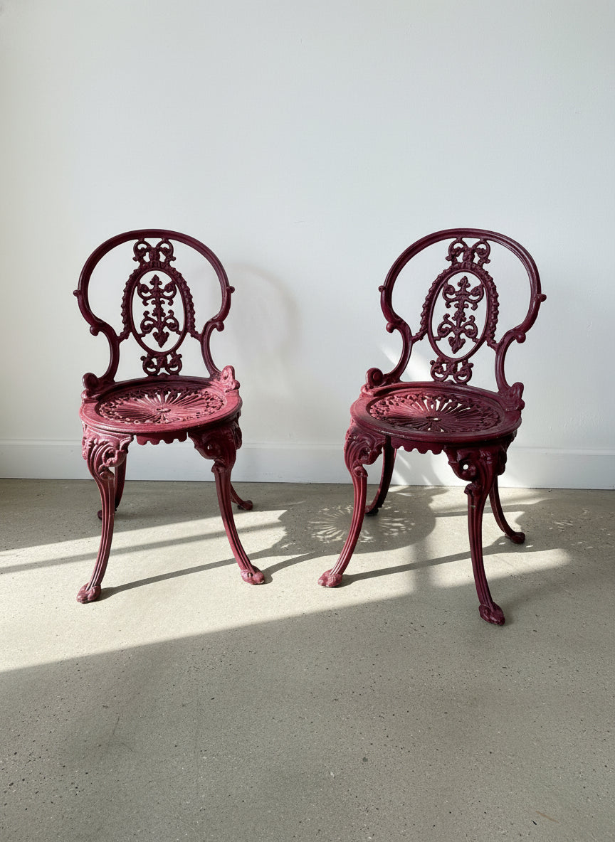 Pair of Antique Victorian Cast Iron Garden Chairs with Pierced Medallion Backs