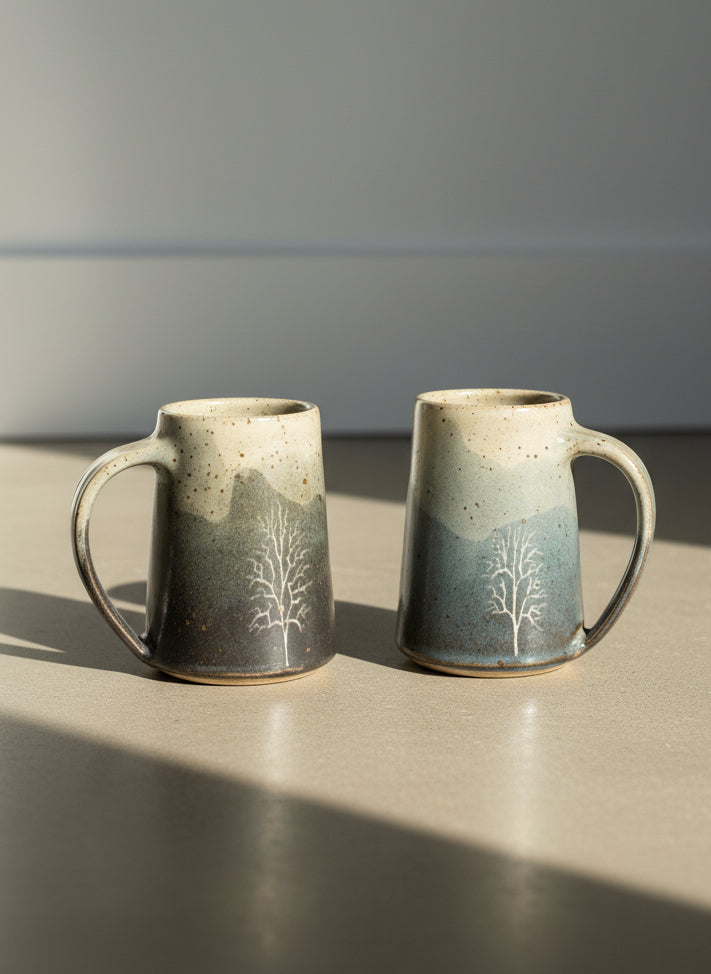 Pair of Artisan Studio Pottery Tree Motif Mugs in Earth-Toned Glaze, Handcrafted Stoneware