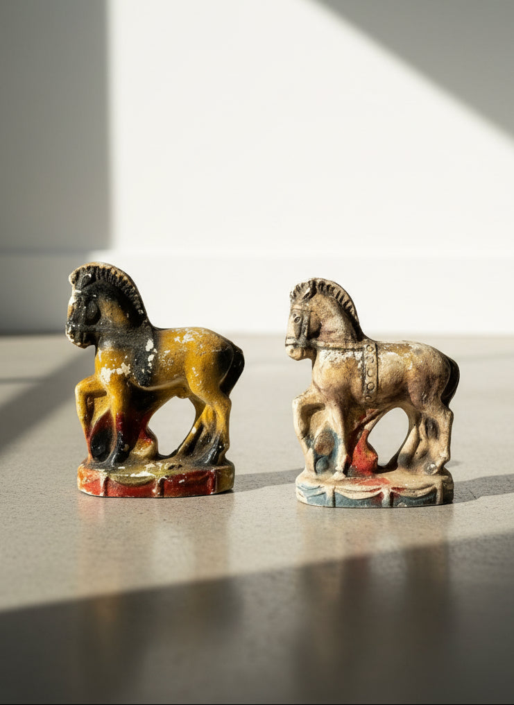 Pair of Antique Hand-Painted Chalkware Horse Figurines – Early 20th-Century Folk Art Sculptures