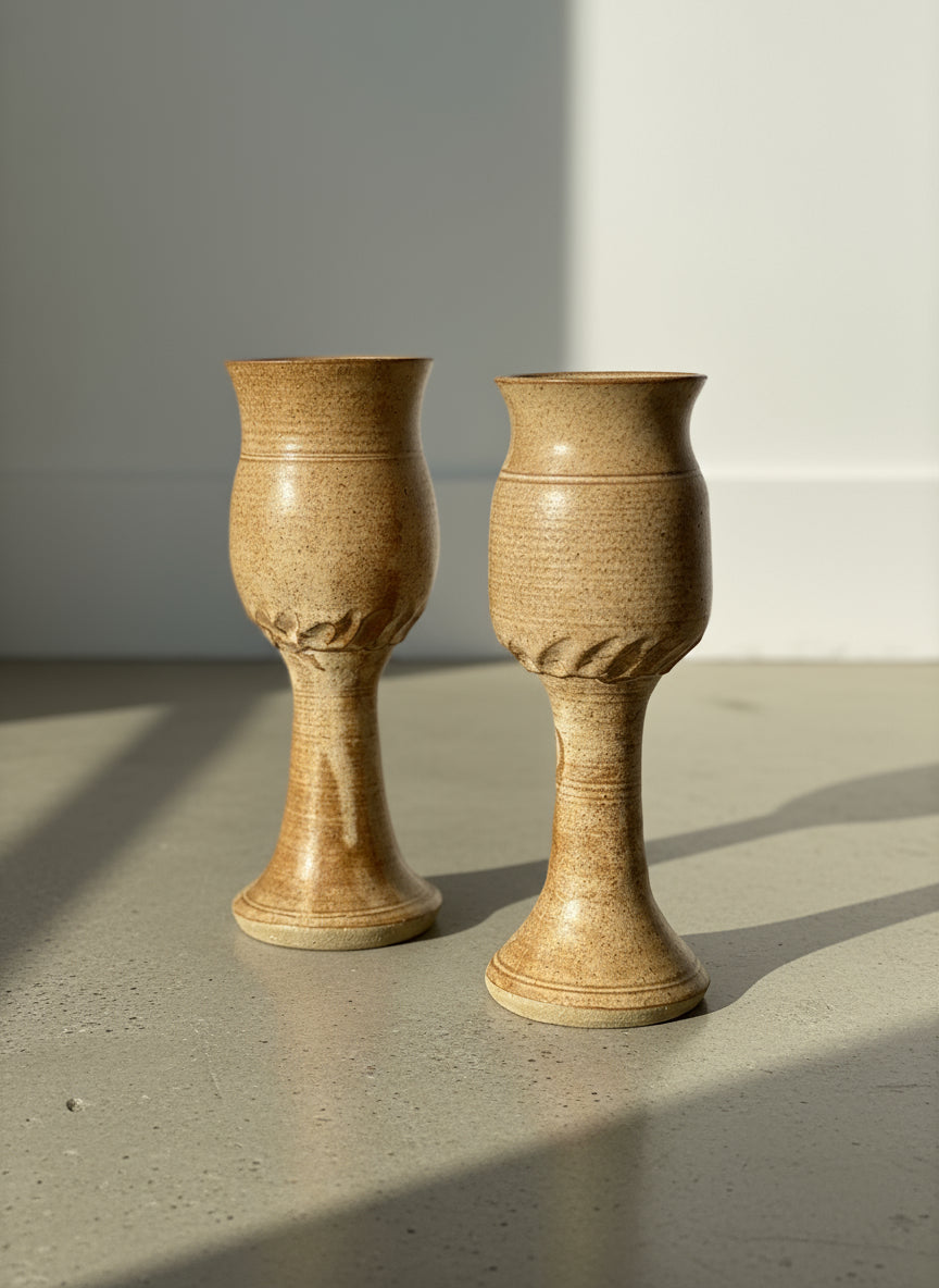 Pair of Hand-Thrown Mid-Century Studio Pottery Chalice Goblets in Speckled Stoneware