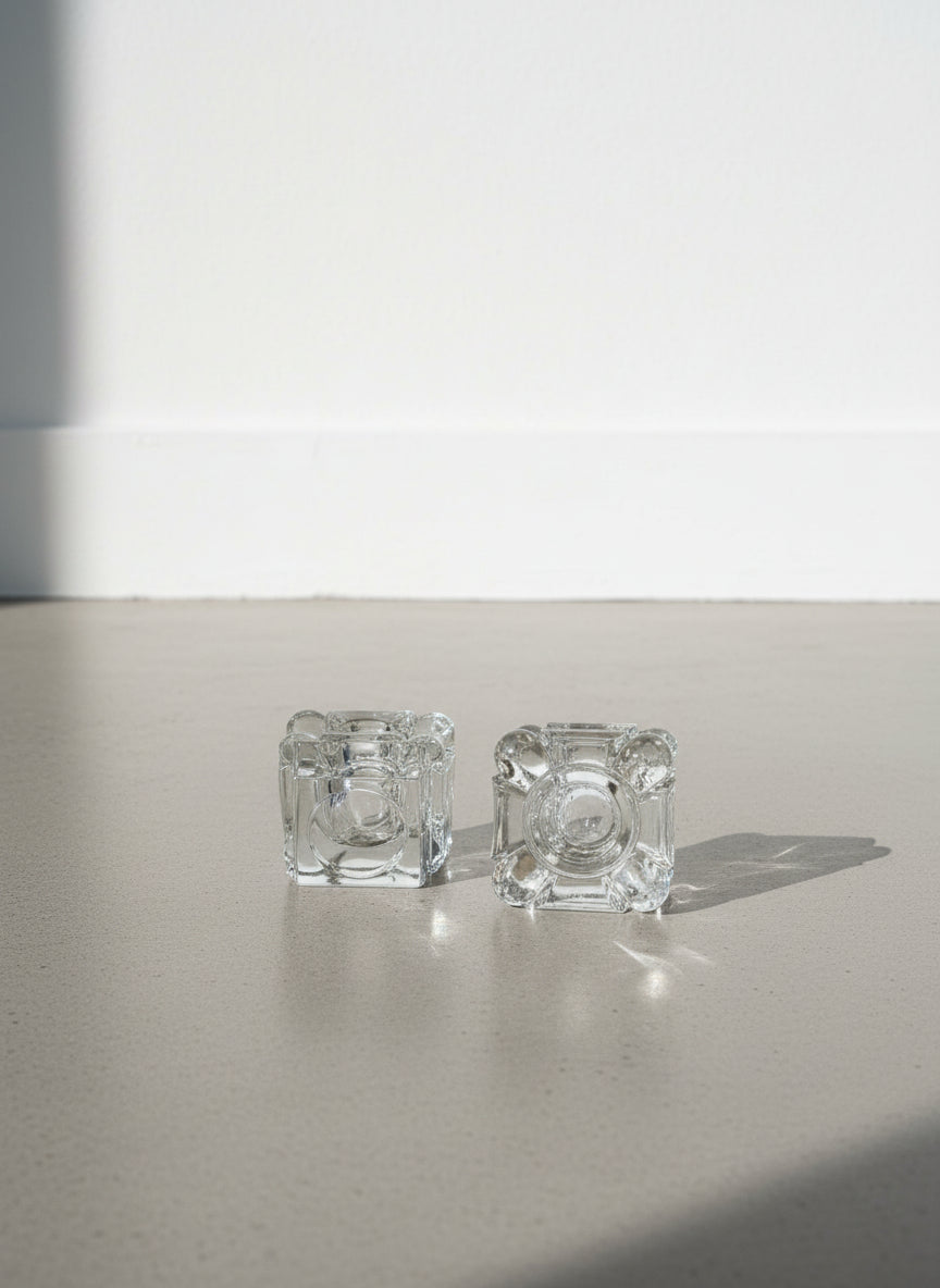 Pair of Mid-Century Modern Square Pressed Glass Taper Candle Holders – Sculptural Clear Glass Duo