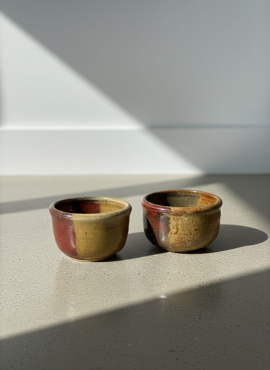 pair of mid century studio pottery bowls with oxblood and ochre glaze