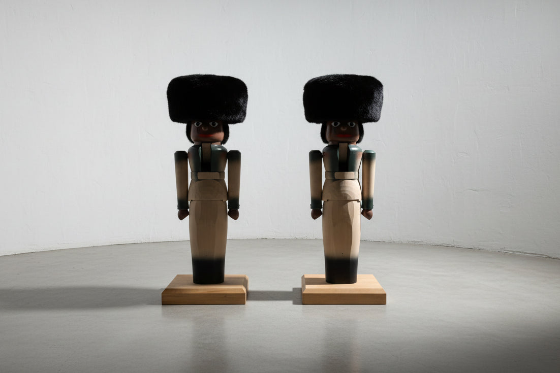 Pair of Monumental Hand-Painted Wooden Figural Sculptures with Faux Fur Hats, Folk Art Style, Late 20th Century
