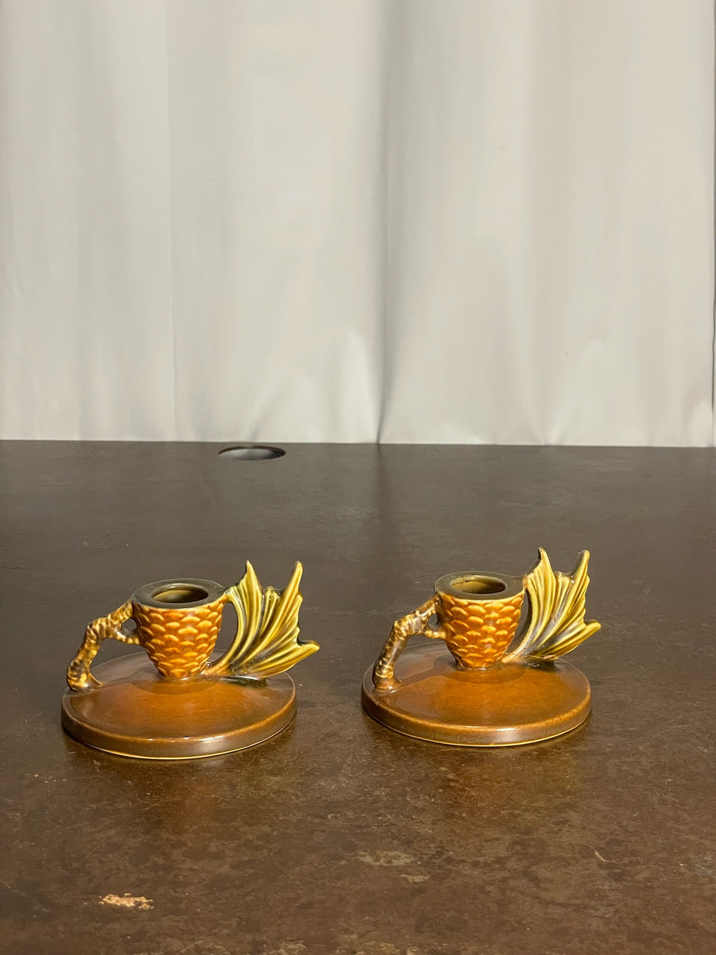 Pair of Roseville Pottery Pinecone Pattern Candlestick Holders - 1123