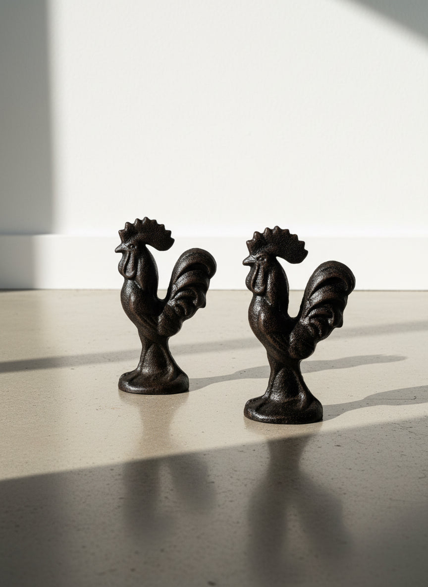 Pair of Vintage Cast Iron Rooster Sculptures – Rustic Farmhouse Folk Art Accents