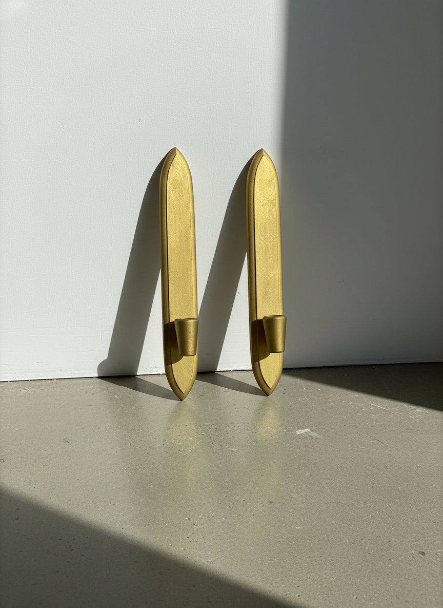 Pair of Vintage Gold Wall Candle Holders in Elongated Shield Form