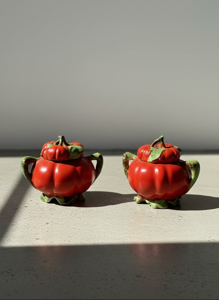 Pair of Vintage Royal Bayreuth Bavaria Figural Tomato Sugar Bowls with Lids – Hand-Painted Porcelain Vegetable Pottery